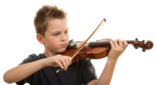 Young boy focused on playing the violin in a bright setting, showcasing musical talent and concentration