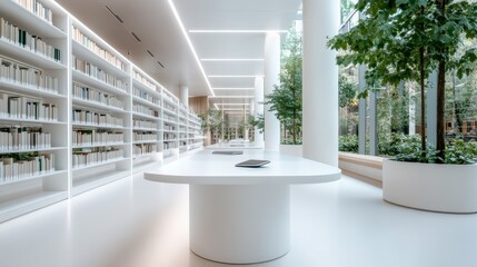 A sleek, modern library featuring ample bookshelves and greenery, bathed in natural light, promoting a serene atmosphere for reading and learning.