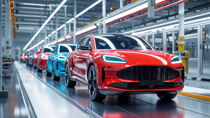 Fototapeta premium New electric cars on a factory assembly line, ready for delivery.