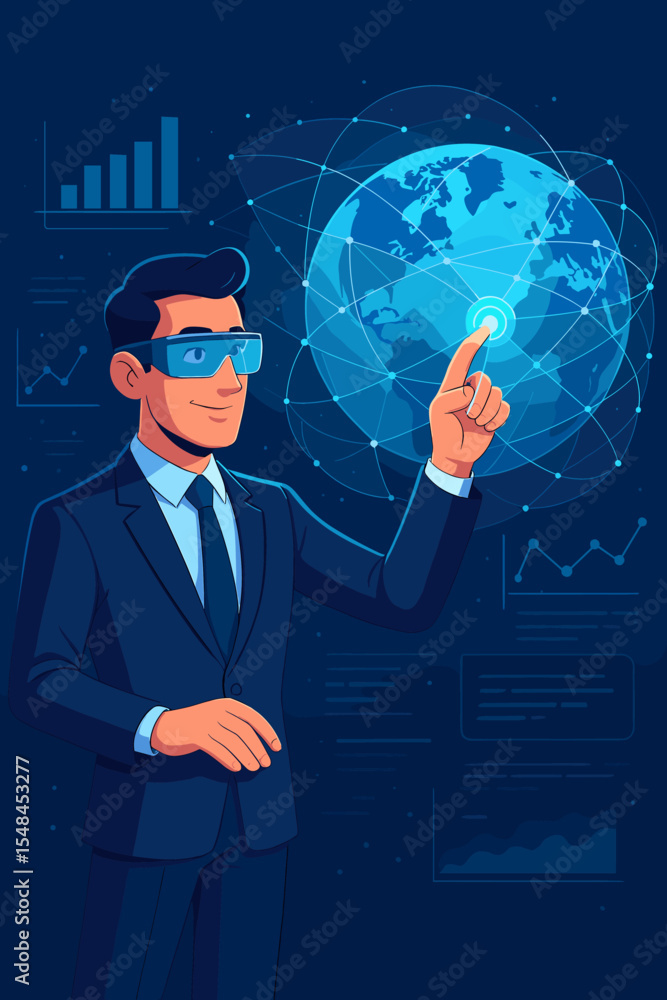 Poster man in suit and virtual reality glasses touching a futuristic globe interface with data charts. meta