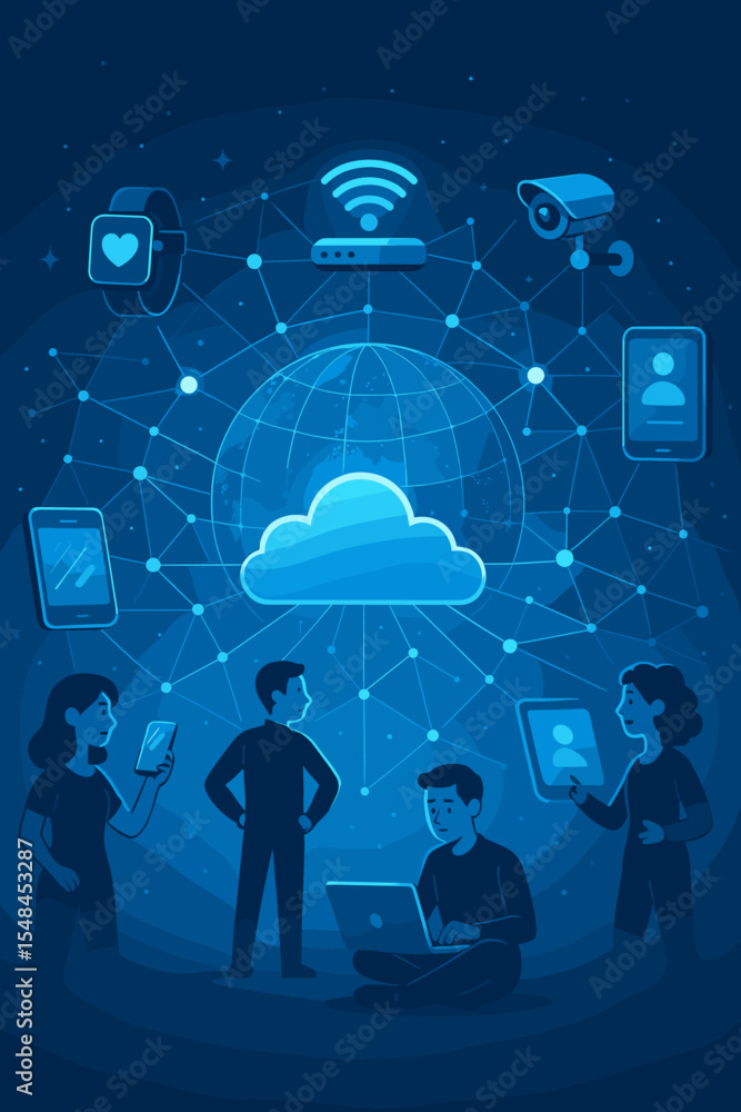 Poster internet of things iot global network. people connecting via smart devices to cloud storage. futuris