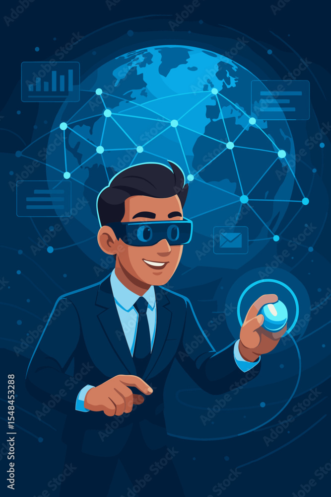 Poster businessman in vr glasses working in metaverse. concept of global network, future technology, data a