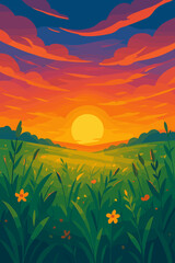 Vibrant sunset over a peaceful meadow. Cartoon vector illustration of a summer landscape with green grass, wildflowers, and a beautiful colorful sky. Scenic nature background.
