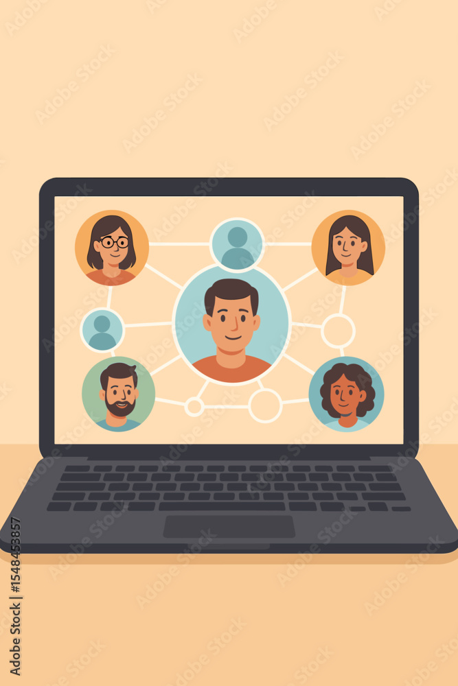 Aufkleber laptop computer with network of diverse user avatars connecting in circles on screen. online communi