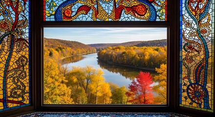 Autumnal Reflection: Stained Glass Window Overlooking River Valley