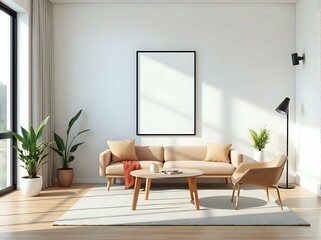 3d japandi studio apartment interior with geometric wall art and space-saving modern furniture in minimal neutral palette