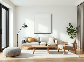 3d japandi studio apartment interior with geometric wall art and space-saving modern furniture in minimal neutral palette