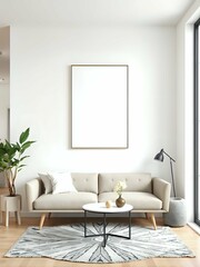 3d japandi studio apartment interior with geometric wall art and space-saving modern furniture in minimal neutral palette