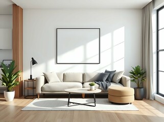 3d japandi studio apartment interior with geometric wall art and space-saving modern furniture in minimal neutral palette