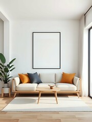 3d japandi studio apartment interior with geometric wall art and space-saving modern furniture in minimal neutral palette