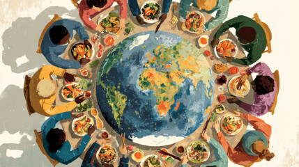 Naklejka premium Diverse Community Sharing Global Meal Around World Map Table for World Food Day Vector Illustration