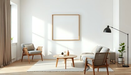 3d japandi studio apartment interior with geometric wall art and space-saving modern furniture in minimal neutral palette