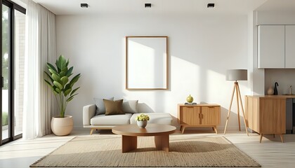 3d japandi studio apartment interior with geometric wall art and space-saving modern furniture in minimal neutral palette