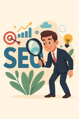 Obraz premium SEO optimization and digital marketing strategy concept. Cartoon businessman analyzing data with magnifying glass. Target, growth chart, lightbulb, business analysis, vector illustration