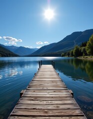 Obraz premium Serene Lake Dock with Mountain Backdrop and Sunny Sky