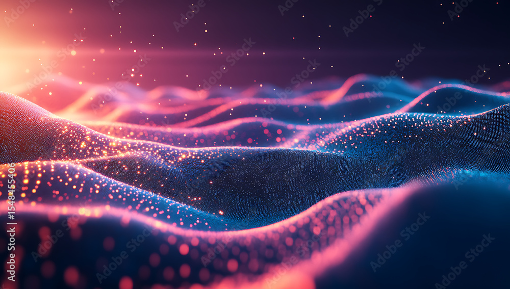 Poster abstract flowing particle waves illuminated with blue and red light