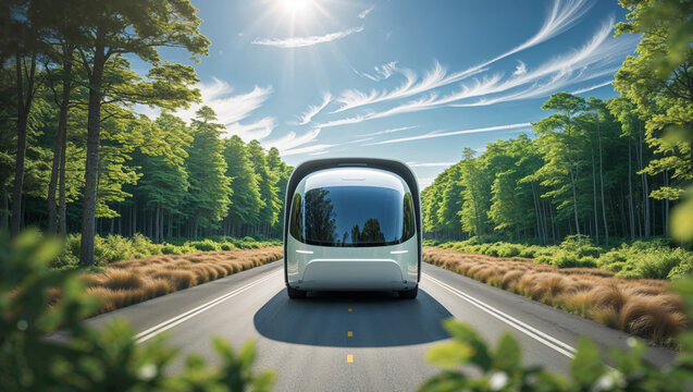 A futuristic electric bus travels on a scenic road surrounded by nature under a bright sunny sky.
