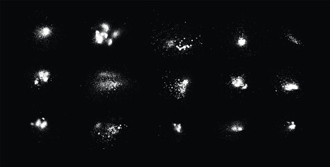 Spray Paint Splatter Set, Vector White Ink Mist and Grunge Spray Effect on Black Background.