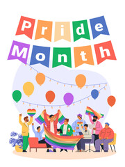 Obraz premium Pride month celebration diverse group holding rainbow flags balloons festive decorations indoor party scene colorful background