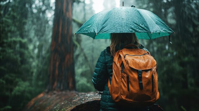 A serene scene captures a woman with an umbrella in a dense forest during rainfall, highlighting resilience and the beauty of nature even in challenging weather conditions. - Powered by Adobe