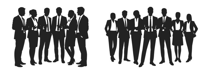 Two business teams standing in group formation silhouette vector illustration. Includes diverse men and women in formal outfits representing professional collaboration.