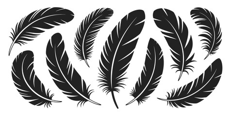 Set of large feather silhouettes in bold black shapes with varied textures, vector illustration. Stylized bird feathers designed with distinct linework and soft curvature.