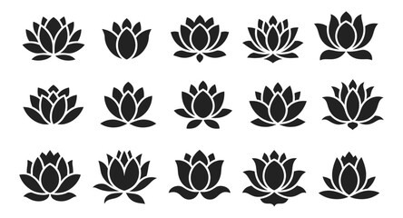 Collection of lotus flower silhouettes in elegant petal formations, vector illustration. Decorative black floral icons symbolizing peace, mindfulness and spiritual beauty.