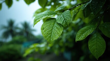 Leafy embrace under rain's gentle caress showcasing nature's resilience