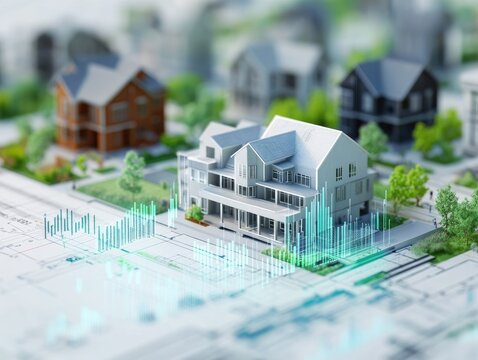 3D model of houses on blueprints with overlaid data