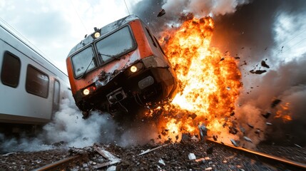 An intense image showcasing a train caught in a dramatic explosion, with debris and flames erupting, highlighting the chaos and danger of the moment.