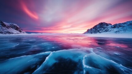 Fototapeta premium A stunning sunset casts colorful reflections over a frozen lake surrounded by majestic mountains, showcasing nature's beauty and tranquility in a winter wonderland.