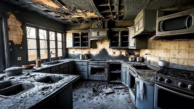 Charred Kitchen Interior with Burned Cabinets and Destroyed Appliances After Intense House Fire Damage
