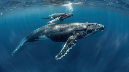 Naklejka premium A majestic view of humpback whales swimming gracefully in deep ocean waters, highlighting the beauty of marine life and the importance of ocean conservation.