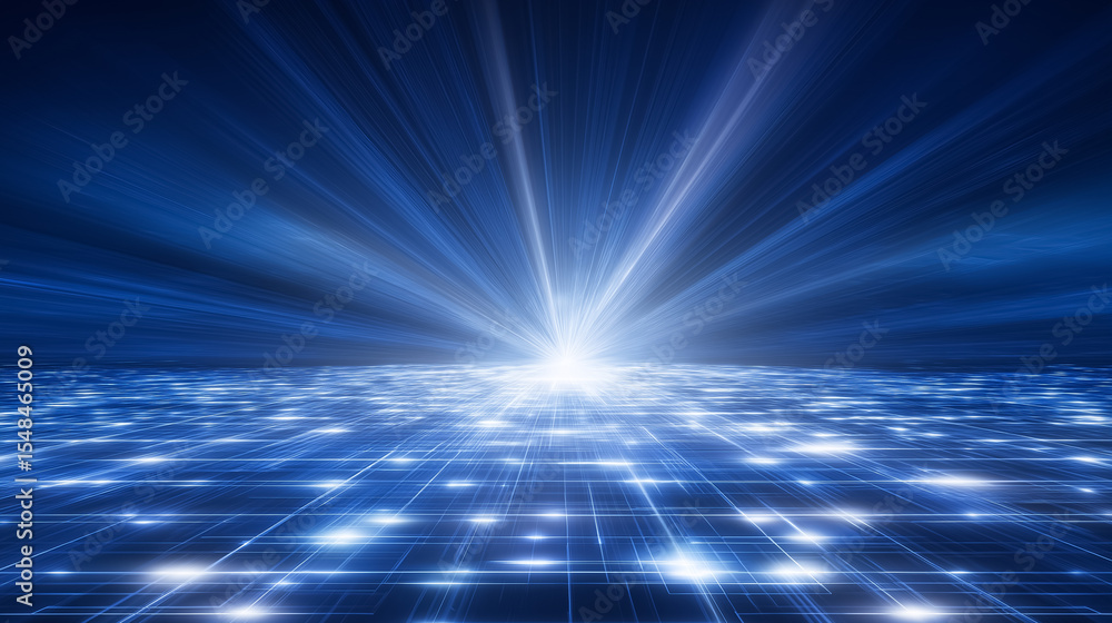 Poster bright light rays radiate from center in a futuristic digital landscape. grid patterns and glimmerin