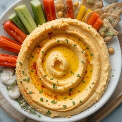 Organic chickpea hummus with olive oil and paprika, served with raw veggies, a flavorful plant-based snack.