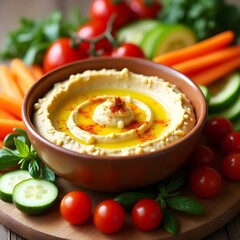 Organic chickpea hummus with olive oil and paprika, served with raw veggies, a flavorful plant-based snack.