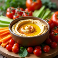 Organic chickpea hummus with olive oil and paprika, served with raw veggies, a flavorful plant-based snack.