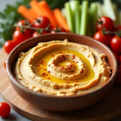Organic chickpea hummus with olive oil and paprika, served with raw veggies, a flavorful plant-based snack.