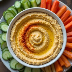 Organic chickpea hummus with olive oil and paprika, served with raw veggies, a flavorful plant-based snack.