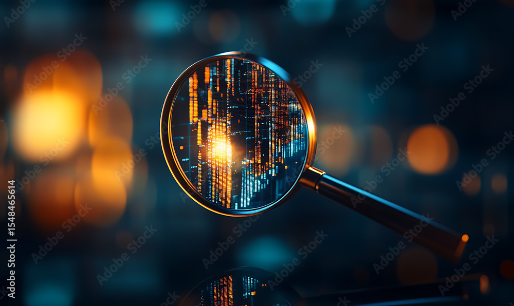 Poster magnifying glass enlarges abstract digital network data with bokeh background