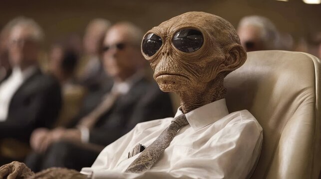 A fascinating alien creature sits calmly in a stylish outfit, wearing dark sunglasses and displaying an intriguing expression, hinting at intelligence and mystery beyond human understanding.