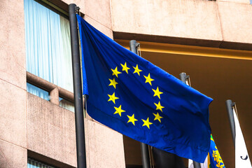 The European Union flag flies outside a hotel in Mexico City