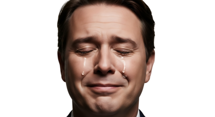 A man with closed eyes and tears running down his face against a black background in a close up shot on transparent background