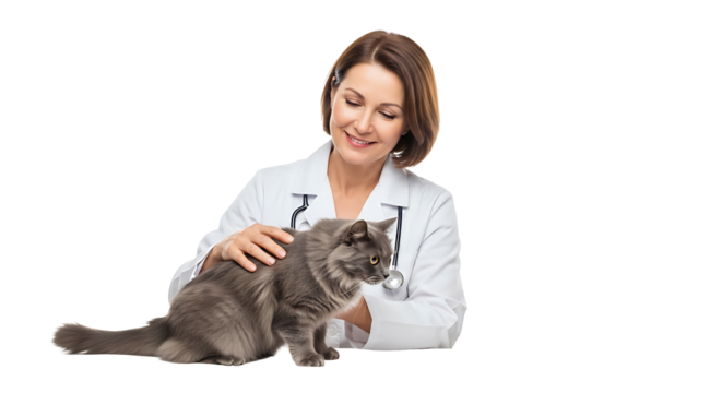 Woman in white coat petting a gray cat with a stethoscope around her neck on a black background on transparent background
