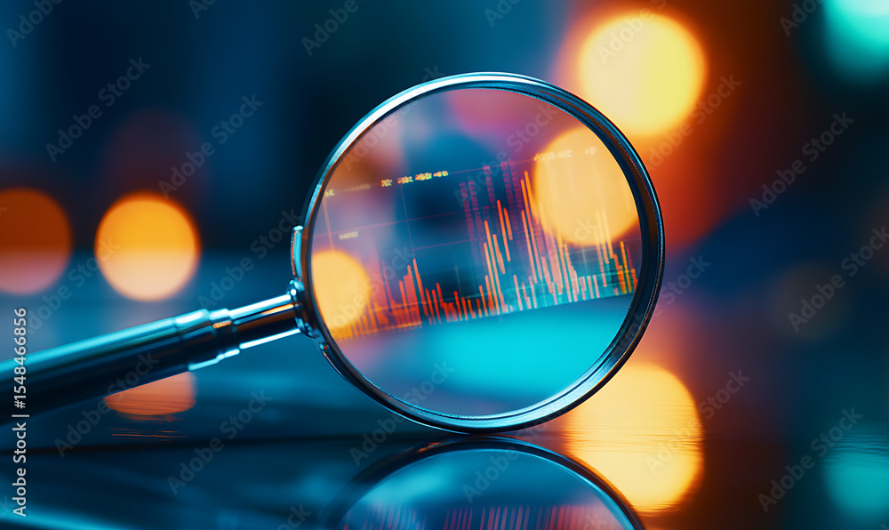 Poster magnifying glass focusing on stock market graph with bokeh lights in background