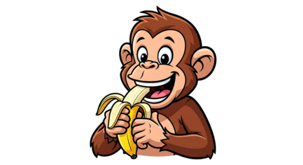 A cartoon monkey with brown fur is happily eating a yellow banana on a black background illustration on transparent background