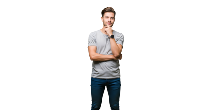 A man in a gray shirt and jeans standing with his arms crossed and his hand on his chin posing on transparent background