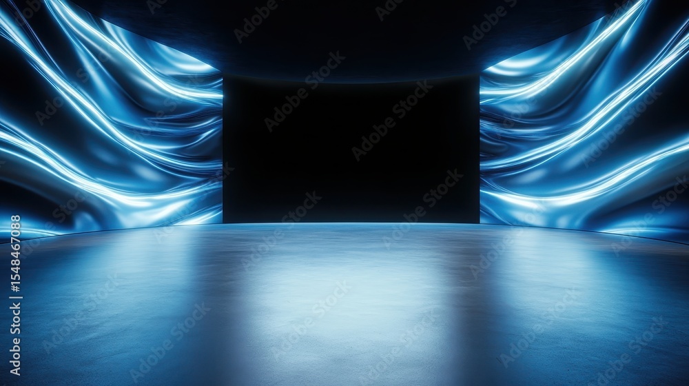 Poster a strikingly futuristic space showcasing smooth flowing textures illuminated by soft blue lighting, 