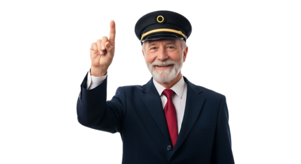 Portrait of a smiling older man wearing a conductor hat and pointing upwards on a black background on transparent background