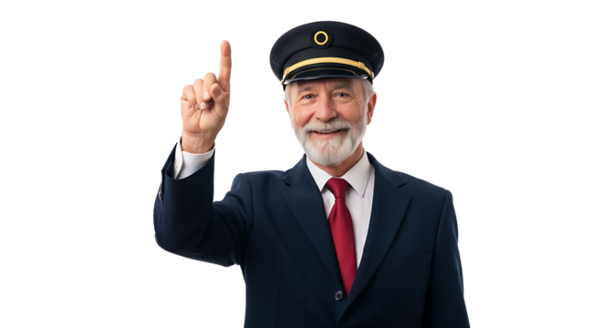 Portrait of a smiling older man wearing a conductor hat and pointing upwards on a black background on transparent background